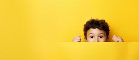 Child smiling behind yellow paper for advertisement photo