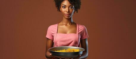 African American woman cooking at home with a pan and showing a copy space on her palm while standing confidently photo