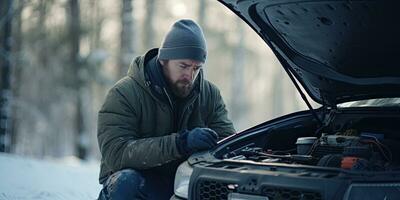 Caucasian man in snowy forest with broken down car calling mechanic Empty road photo