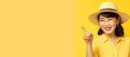 Confident middle aged Chinese woman in a summer hat smiling and pointing in various directions against a yellow background with space for advertising photo