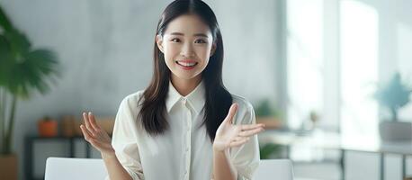 Asian woman in office pointing happily with open palms presenting advertisement photo