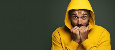 Astonished person with yellow hoodie holds palm with copy space hand on cheek photo