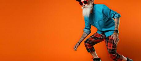 elegante más viejo hombre vistiendo único atuendo incluso un sombrero y Gafas de sol visto en un patineta en contra un azul fondo en un estudio de moda deportivo con foto