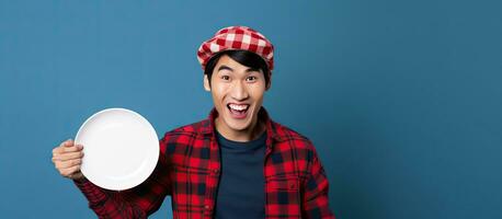 Asian man in beanie hat and plaid shirt points to empty space with empty plate on blue background photo