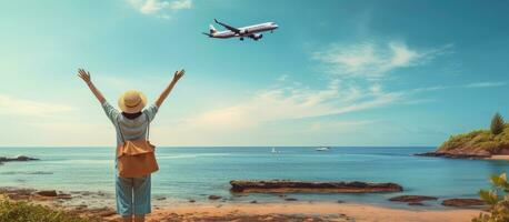 Women tourists raising arms happily and seeing an airplane on the beach People from Asia holding luggage and enjoying leisure travel outdoors for a holida photo