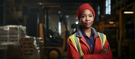 African female warehouse worker posing with a forklift in a textile warehouse photo