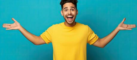 Excited Hispanic man in blue shirt pointing with open palms and smiling presenting advertisement with copy space on yellow background photo