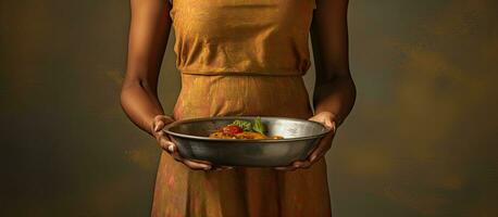 African American woman cooking at home with a pan and showing a copy space on her palm while standing confidently photo