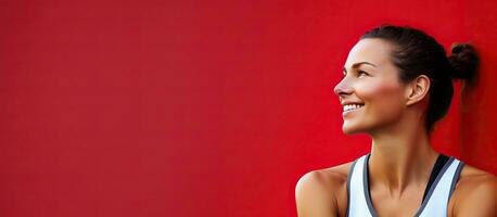 A content woman rests after a workout against a red wall with space for text photo