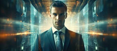 The image shows a businessman with source code and programmer image overlay symbolizing programming cyber security business and internet of things photo