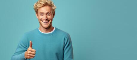 Blond man happily pointing to an idea feeling carefree photo