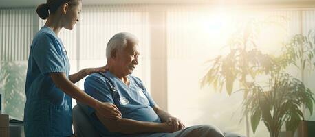 Female physiotherapist treating elderly male patient with stretching exercise in hospital with copy space Healthcare services photo