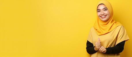 A happy Asian Muslim woman pointing to the left with copy space standing on a yellow background photo