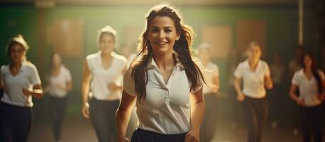 Female PE teacher participating in gym class with students Blank area photo