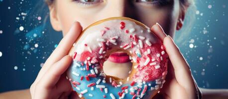 Composite photo of a Caucasian woman enjoying a donut representing unhealthy eating and indulgence