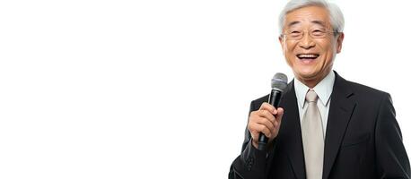 Elderly Asian businessman pleased and healthy showing an empty space for promotion on a white background photo