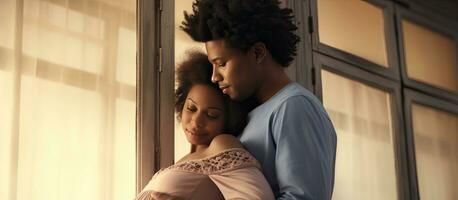 Afro man lovingly embraces wife s pregnant belly near window concept of parenthood empty area to duplicate photo