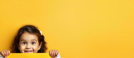 niño sonriente detrás amarillo papel para anuncio foto