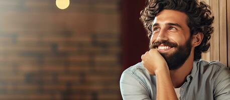 Closeup portrait of a happy Indian man with a beard daydreaming at home looking aside photo