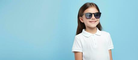 Photograph of attractive child model Kid in casual summer clothes posing in fashion studio Content girl wearing white polo shirt and sunglasses with arms photo