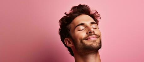 Happy man resting with closed eyes relaxed hands behind head smiling on pink background Concept of good mood and positive emotions Copy space for promotio photo