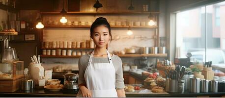 Asian girl in apron standing in cafe while barista points at empty banner photo