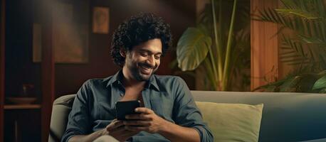 Young Indian man with curly hair happily talks to his girlfriend at home using his phone for browsing social media and using mobile apps The scene feature photo