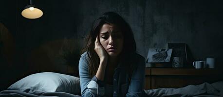 infeliz mujer experiencias insomnio migrañas y mental salud cuestiones a hogar foto