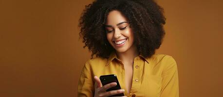 Happy Latin plus size woman on phone looking at empty space on brown background for text design African American business woman showing spot for your cont photo