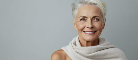 Elderly woman with smooth skin touching her face and smiling standing in a towel gray background photo