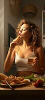 Caucasian woman enjoying junk food at home licking fingers kitchen interior photo