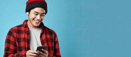 Thoughtful Asian student in beanie hat and red plaid shirt gazes at empty space holding book and phone deep in contemplation isolated on blue backdrop photo