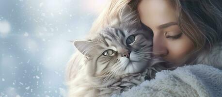 Hug your cat day illustration with young woman and pet promoting animal adoption photo