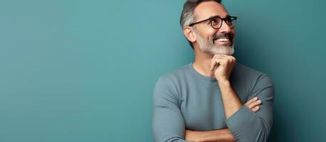 A mature and confident man feeling joyful and optimistic gazes up with arms crossed photo