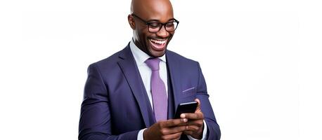 Successful black businessman in formal wear happily looking at phone Bald White background photo