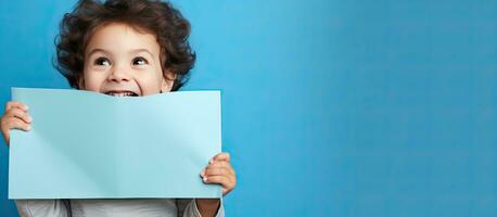 Child laughing behind blank blue paper for ad photo