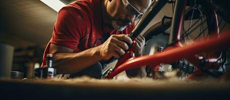 Hispanic worker renovating a bicycle frame at his workshop focusing on the hands and copy space photo