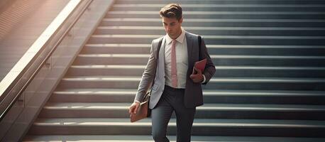Successful young businessman ascending stairs with laptop space for copy full color photo