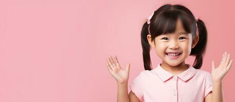 Joyful Asian girl displaying open palm with copy space on a pink background photo