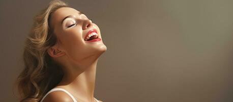 Happy woman shouting and calling in profile view with empty space on the side photo