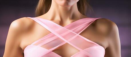 Caucasian woman holds pink ribbon raising awareness for breast cancer on no bra day photo