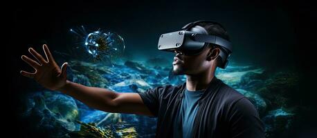 Black man wearing VR headset exploring virtual reality world with empty space on the left for copy photo