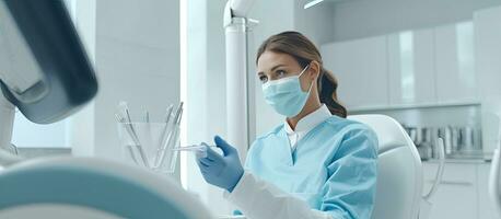 Female doctor wearing mask and gloves next to patient on dental chair with mouth mirrors photo