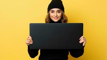 A young woman with a laptop and empty screen isolated on a yellow background photo