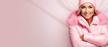 Woman with pink breast cancer awareness ribbon on coat smiling photo