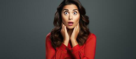 A nervous Hispanic woman looks to the side with a startled expression focusing on an empty space photo