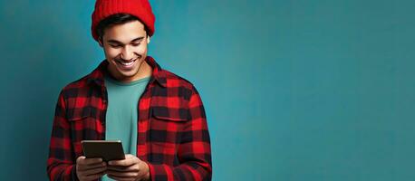 pensativo asiático masculino estudiante en gorro y franela camisa con libro y teléfono mirando aparte a vacío espacio aislado en azul antecedentes foto