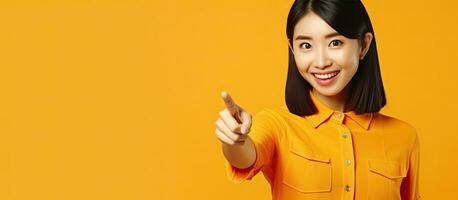 Young Asian woman in 30s wearing an orange shirt suggests product on yellow background photo