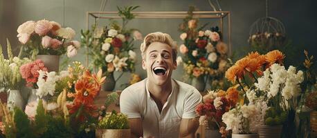 A joyful blonde man at a flower shop gesturing with open hands indicating something with space for an advertisement while happily smiling photo