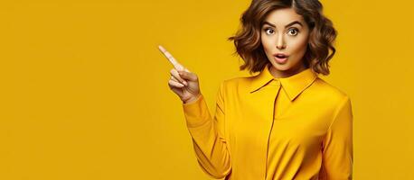 Elegant lady recommends ad and offer expressing emotions on yellow background photo